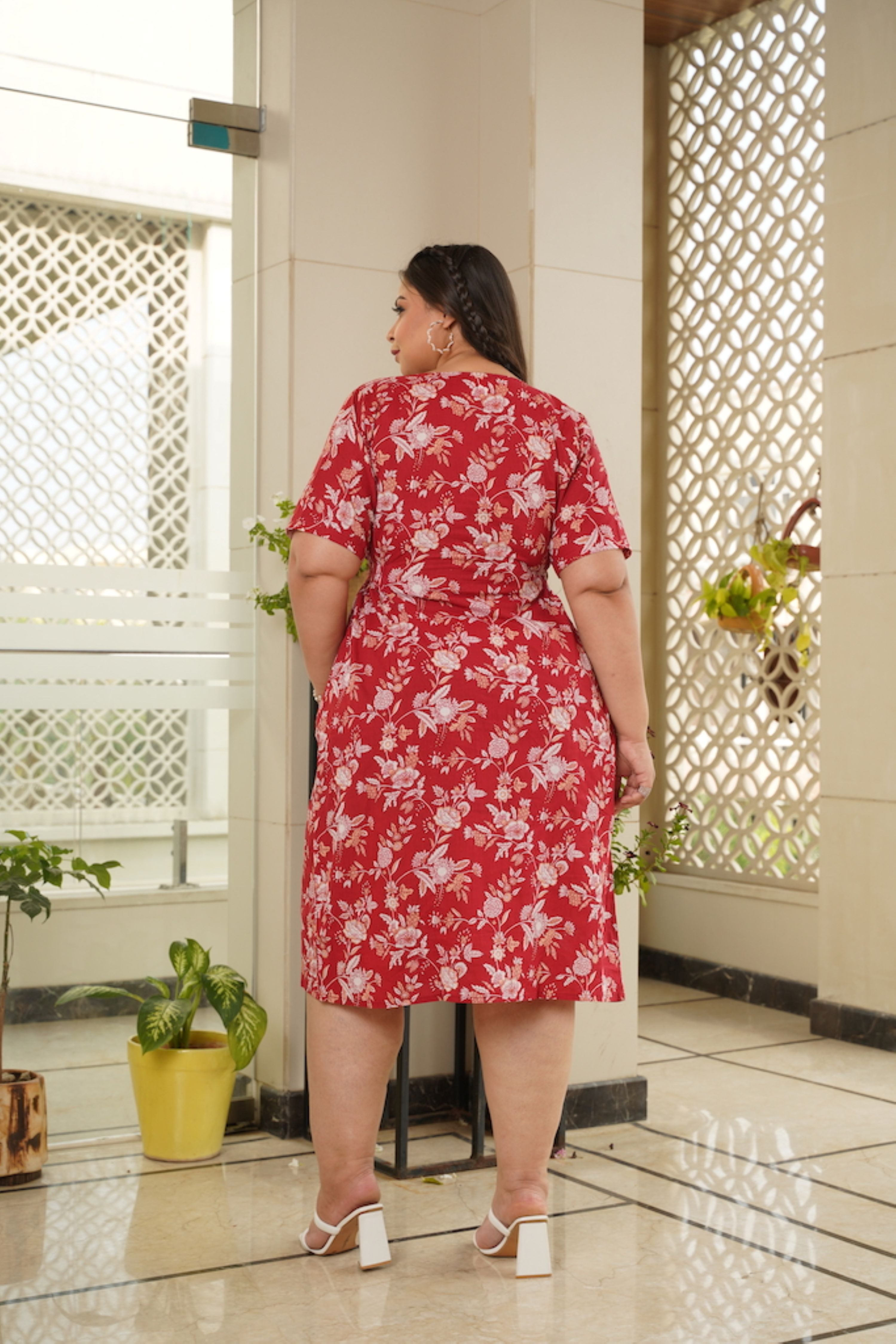 Women's Red Floral Cotton Button Down Dress - Plus Size - Nangalia Ruchira