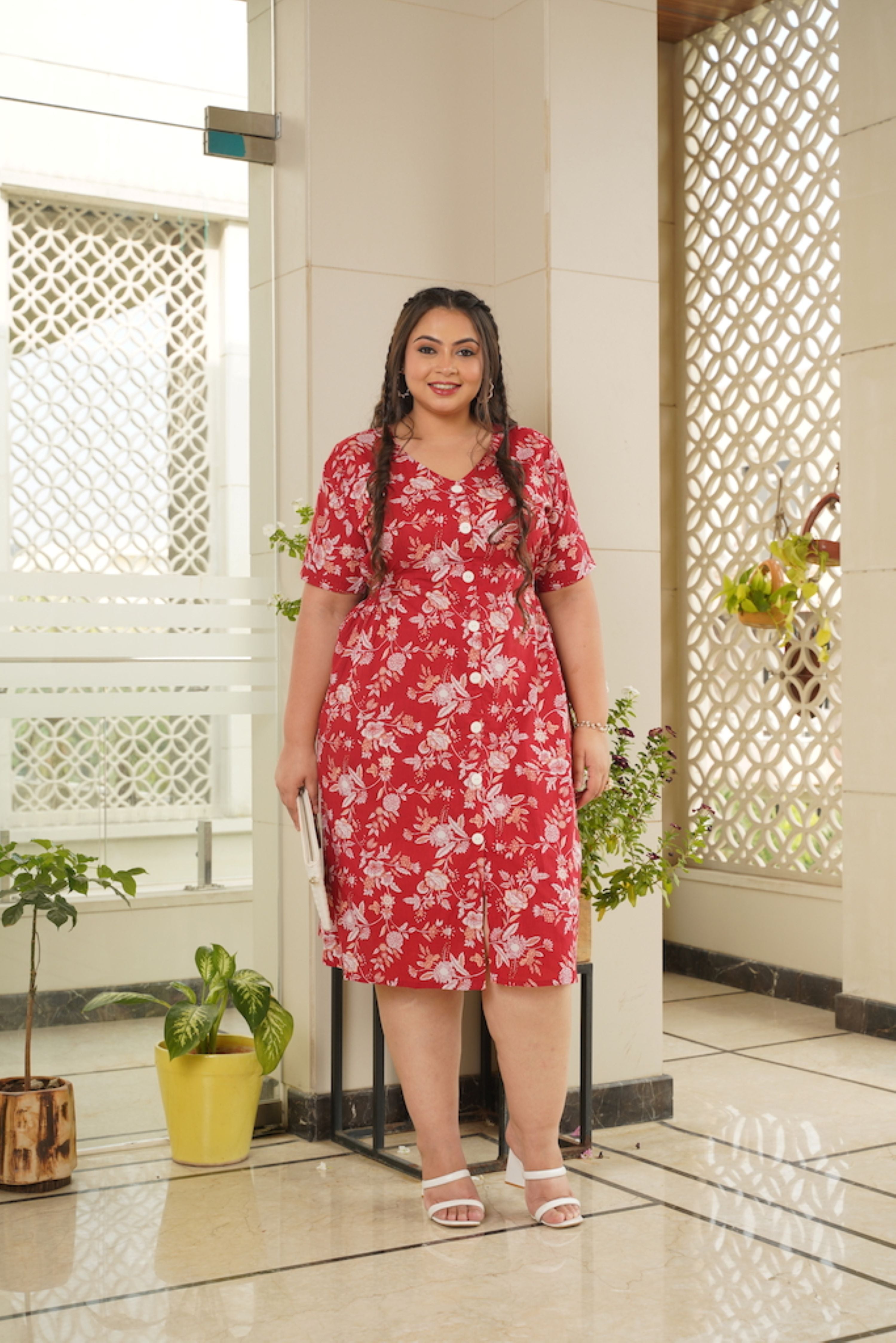 Women's Red Floral Cotton Button Down Dress - Plus Size - Nangalia Ruchira
