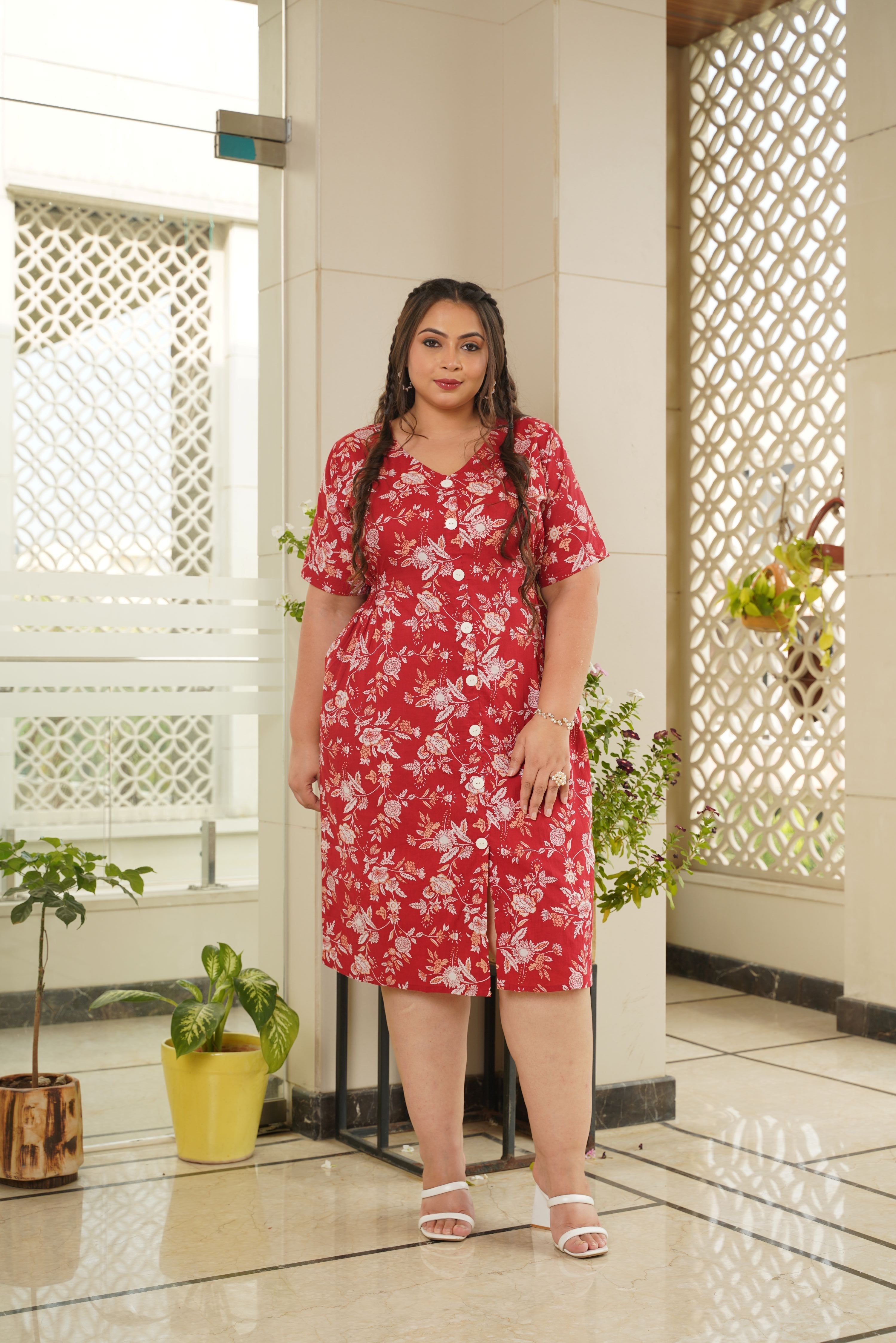 Women's Red Floral Cotton Button Down Dress - Plus Size - Nangalia Ruchira