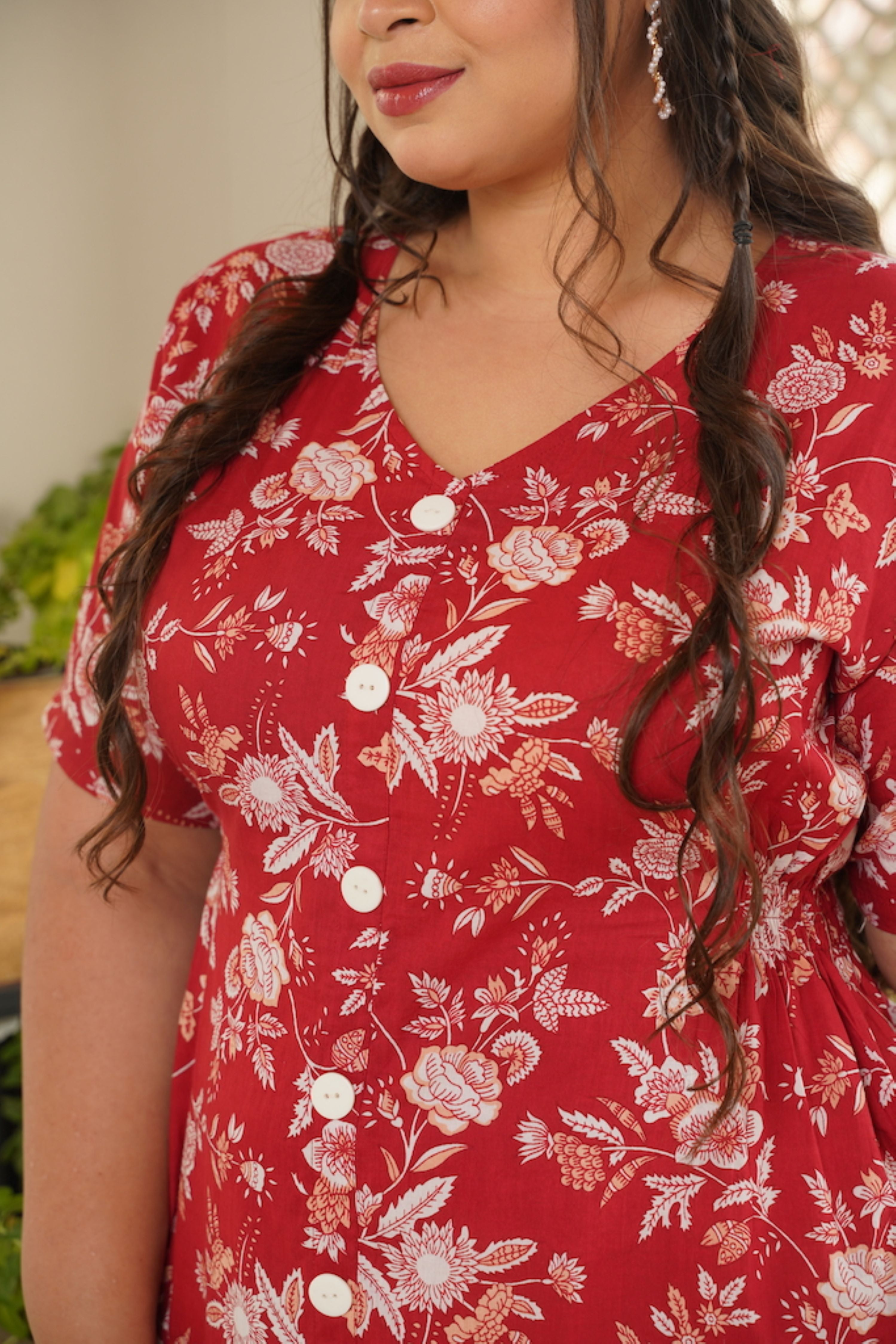 Women's Red Floral Cotton Button Down Dress - Plus Size - Nangalia Ruchira