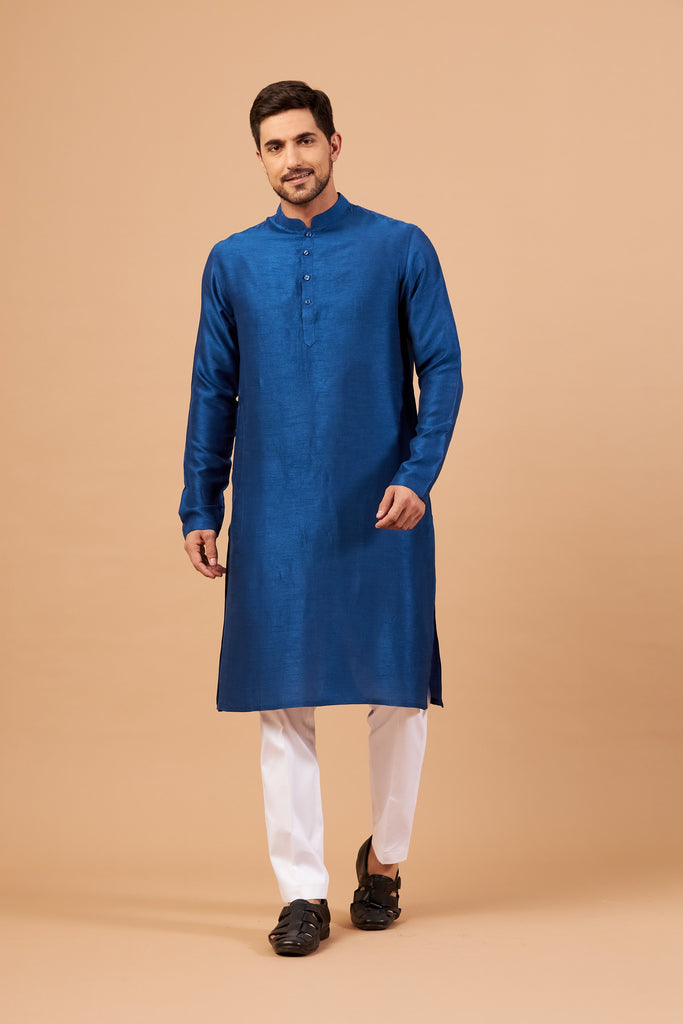 Men's Blue Plain Kurta With Crop Pants