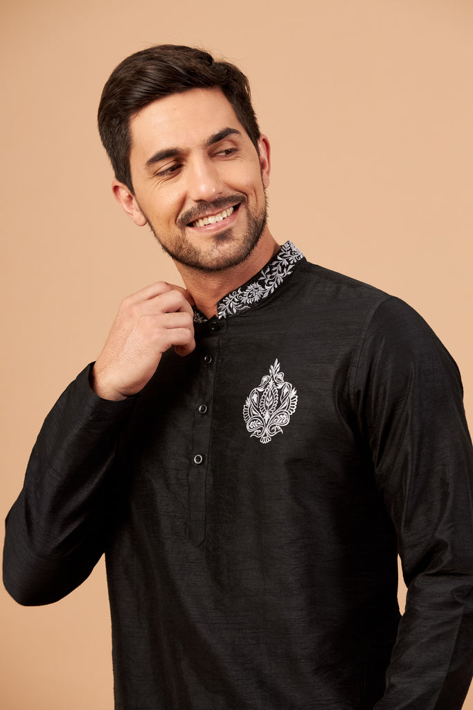 Men's Amyr Traditional Embroidered Black Kurta With Crop Pants
