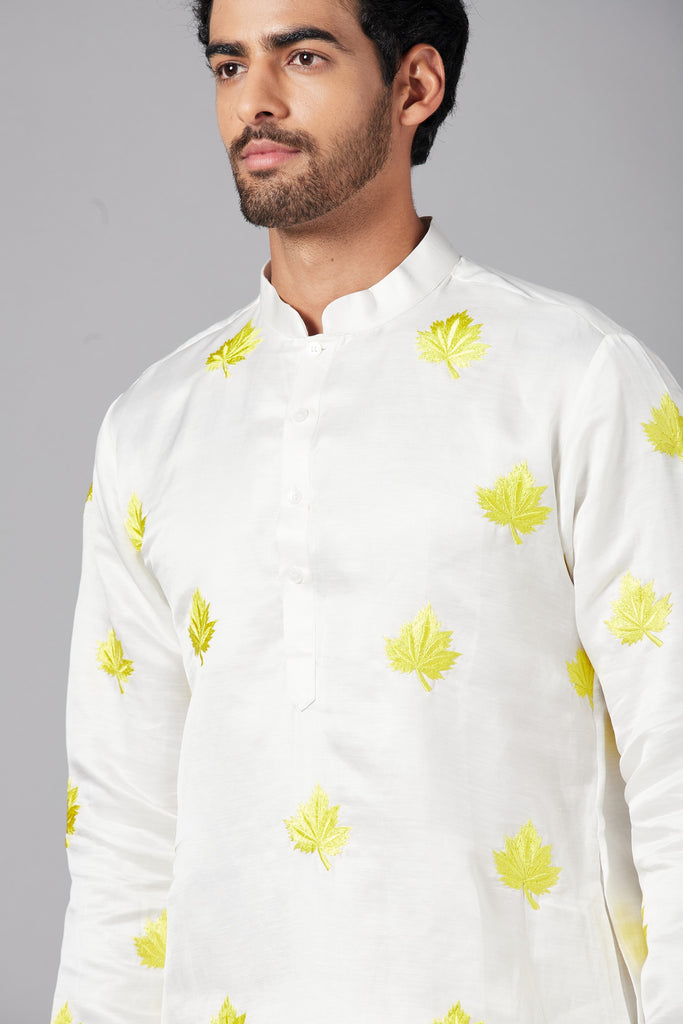 Men's Mogra Yellow Leaf Embroidered Kurta With Crop Pants