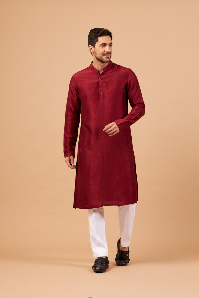 Men's Maroon Plain Kurta With Crop Pants