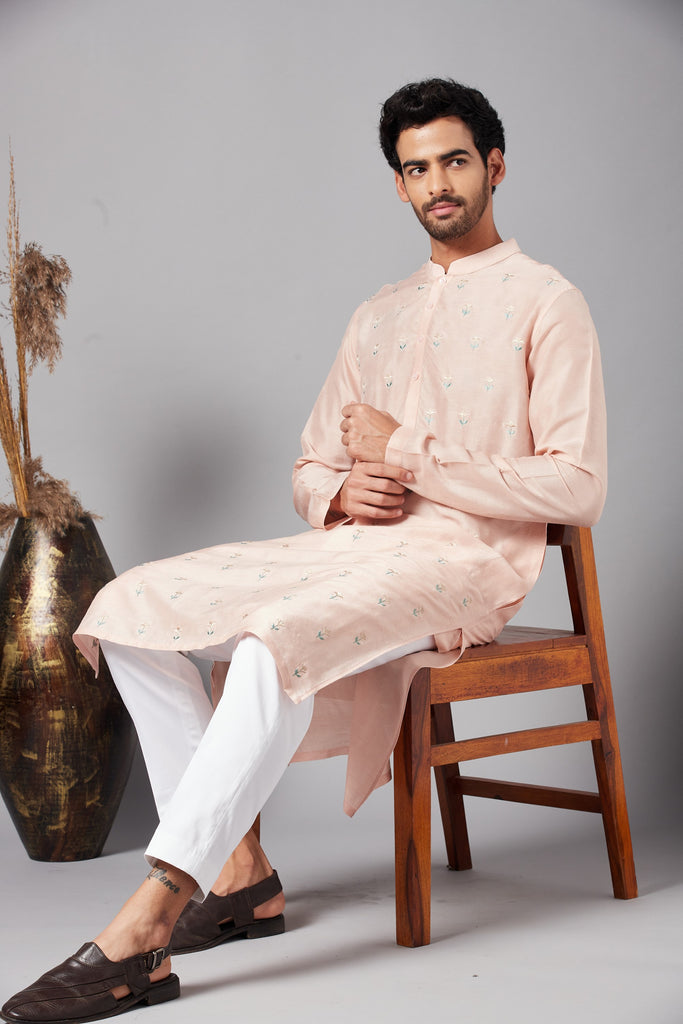 Men's Moori Small Flower Motifs All Over Peach Embroidered Kurta With Crop Pants