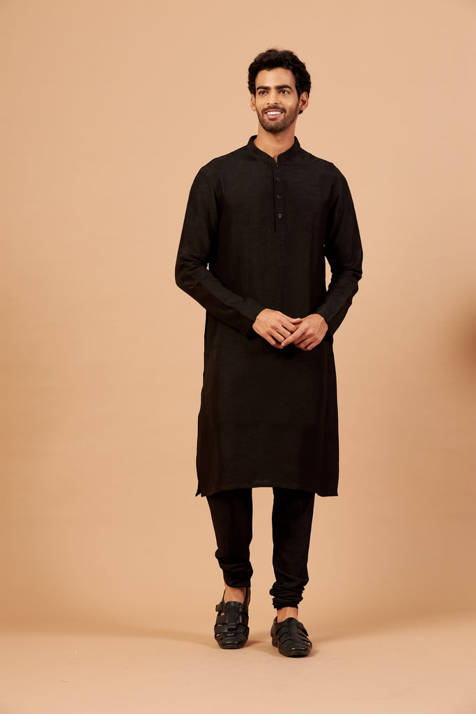 Men's Black Plain Kurta With Chudi Pants