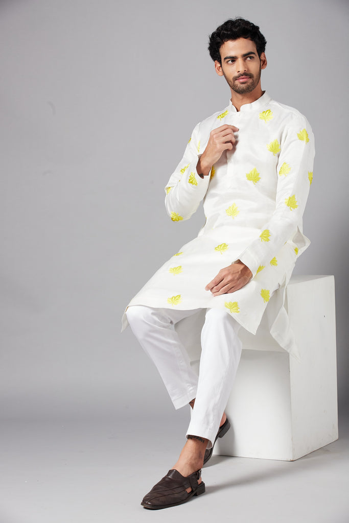 Men's Mogra Yellow Leaf Embroidered Kurta With Crop Pants