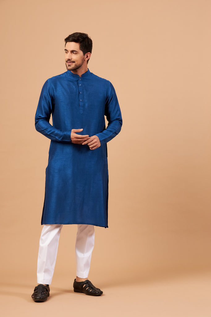 Men's Blue Plain Kurta With Crop Pants