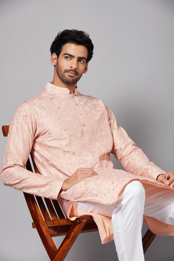 Men's Tiyaan Embroidered Peach Kurta With Crop Pants