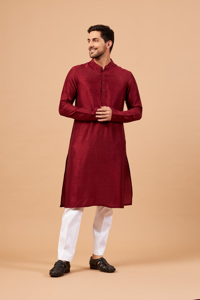 Men's Maroon Plain Kurta With Crop Pants