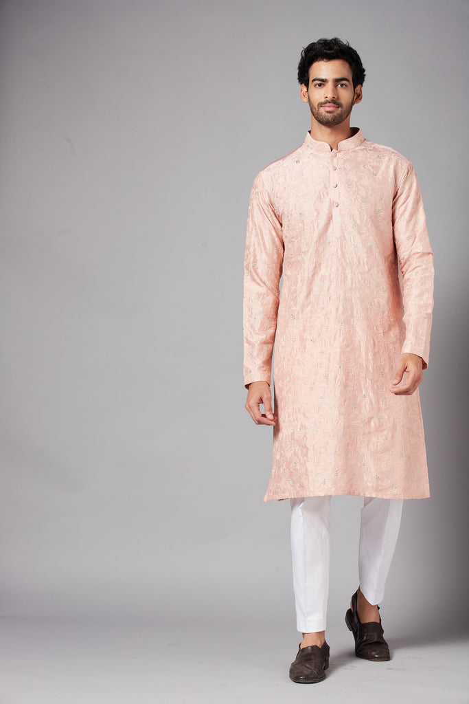 Men's Tiyaan Embroidered Peach Kurta With Crop Pants