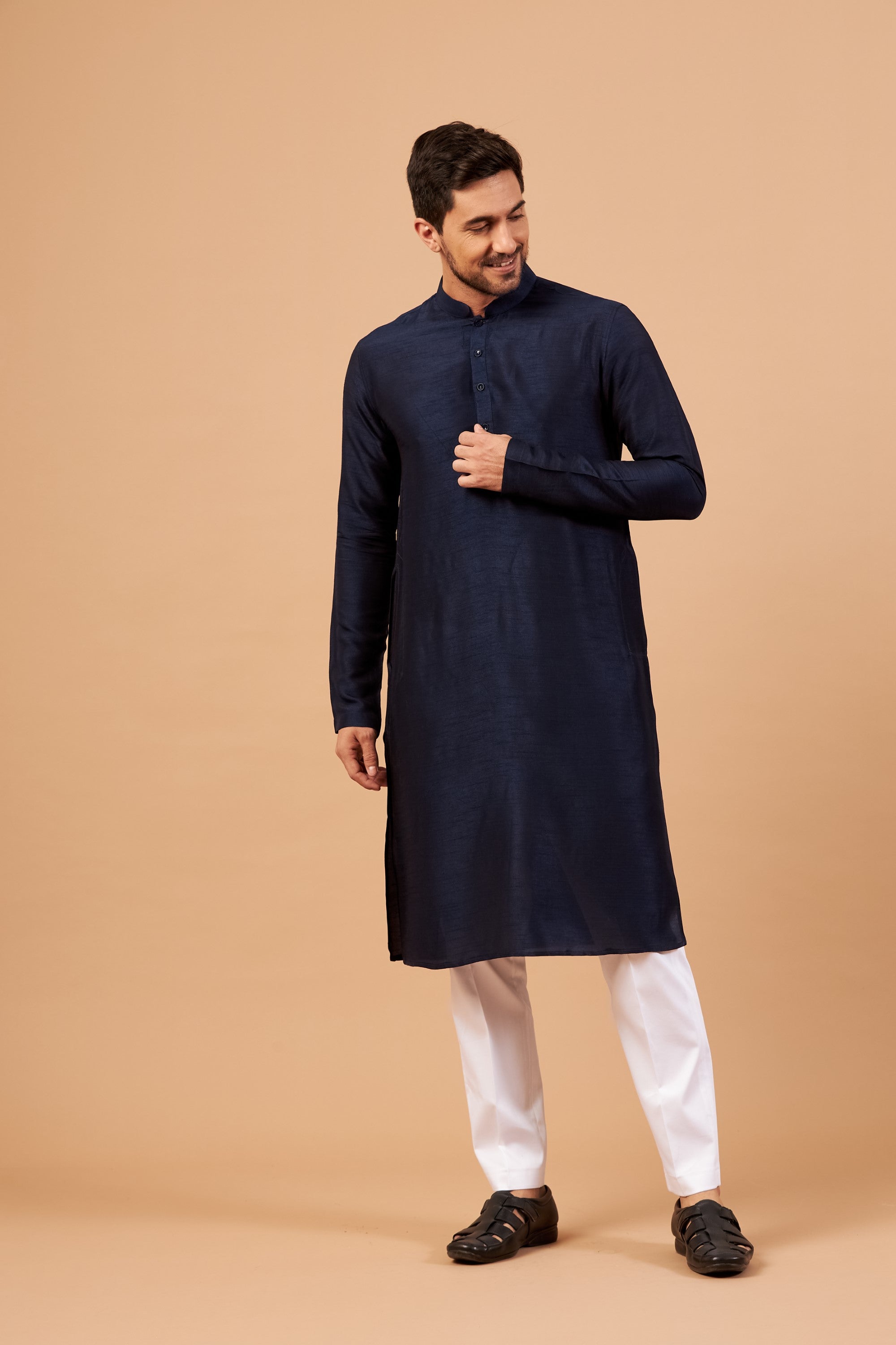 Men's Dark Blue Plain Kurta With Crop Pants
