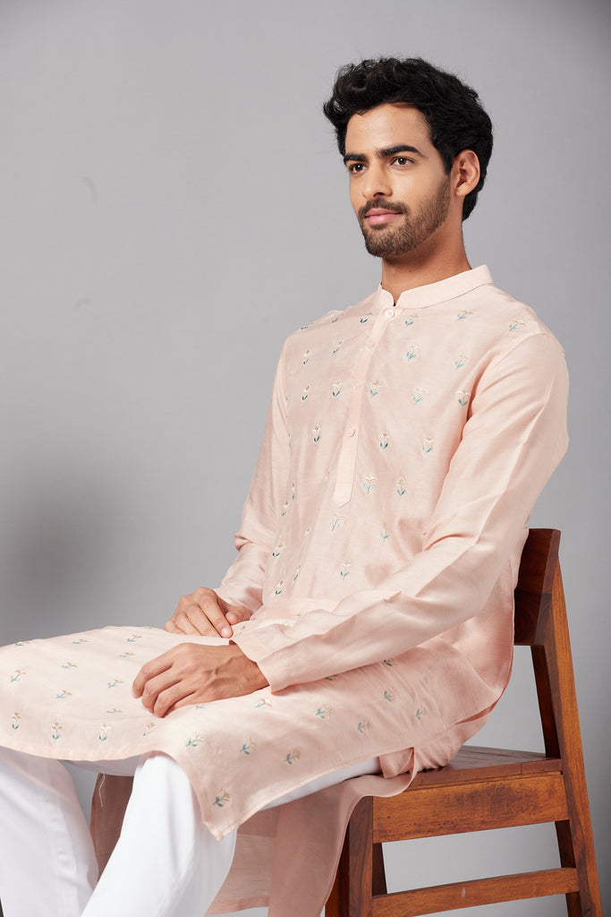 Men's Moori Small Flower Motifs All Over Peach Embroidered Kurta With Crop Pants
