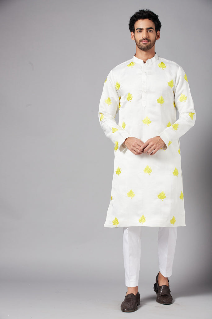 Men's Mogra Yellow Leaf Embroidered Kurta With Crop Pants