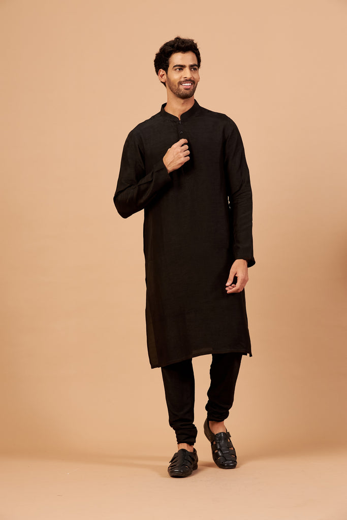 Men's Black Plain Kurta With Chudi Pants