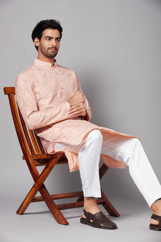 Men's Tiyaan Embroidered Peach Kurta With Crop Pants