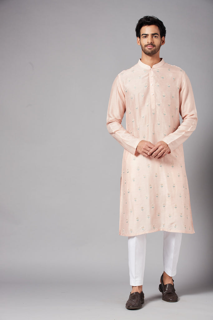 Men's Moori Small Flower Motifs All Over Peach Embroidered Kurta With Crop Pants