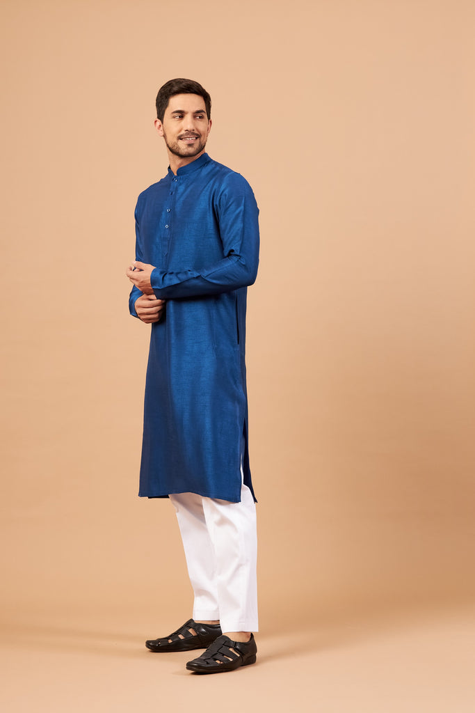 Men's Blue Plain Kurta With Crop Pants