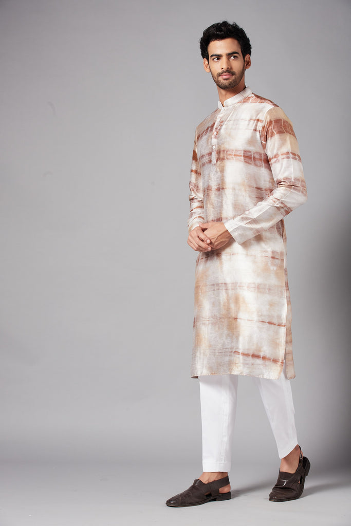 Men's Browtin Brown Tie & Die Kurta With Crop Pants