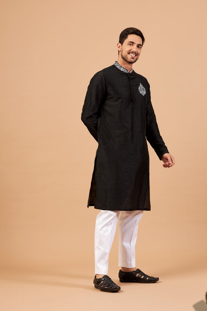 Men's Amyr Traditional Embroidered Black Kurta With Crop Pants