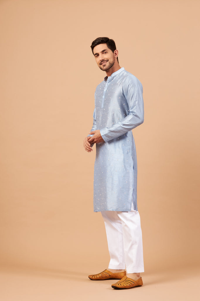 Men's Viva Dot Embroidered Sky Blue Kurta With Crop Pants