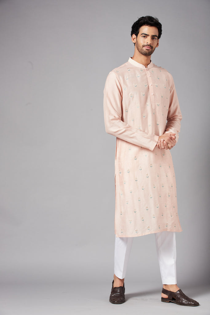 Men's Moori Small Flower Motifs All Over Peach Embroidered Kurta With Crop Pants