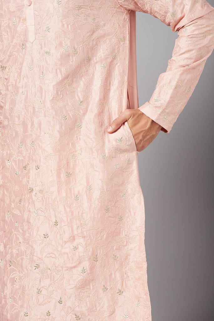 Men's Tiyaan Embroidered Peach Kurta With Crop Pants