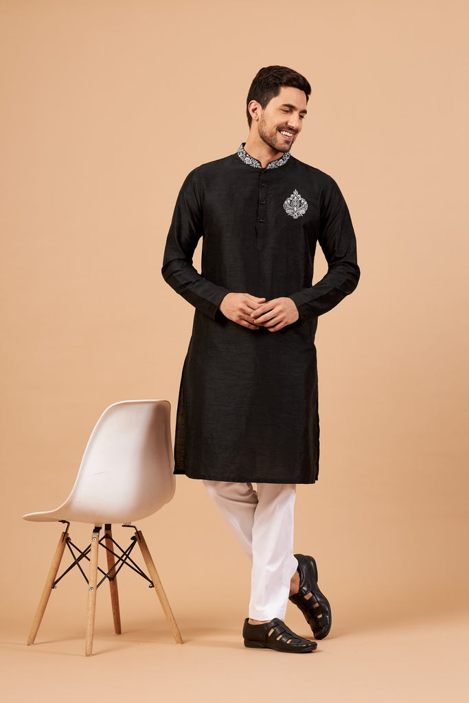 Men's Amyr Traditional Embroidered Black Kurta With Crop Pants