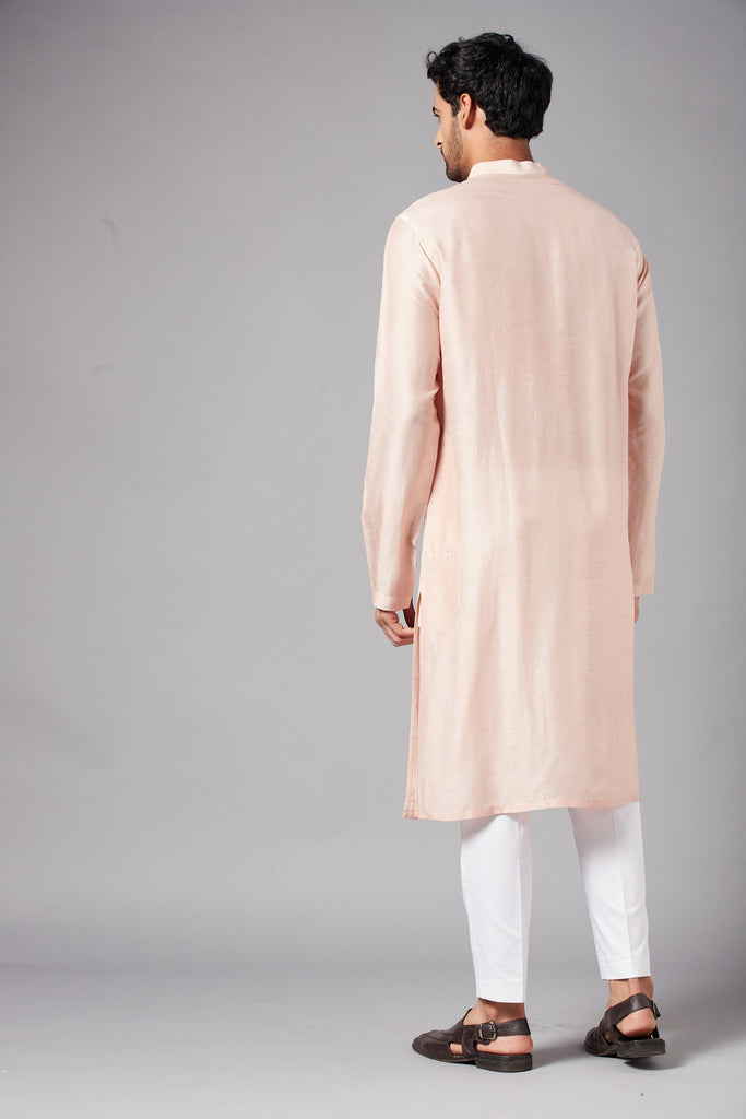 Men's Moori Small Flower Motifs All Over Peach Embroidered Kurta With Crop Pants