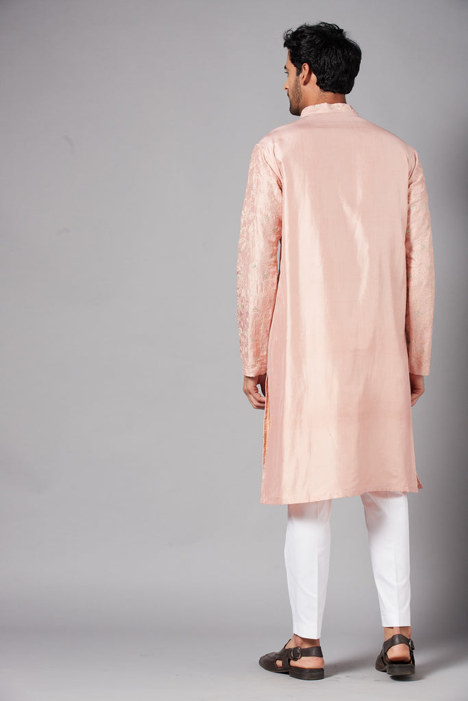 Men's Tiyaan Embroidered Peach Kurta With Crop Pants
