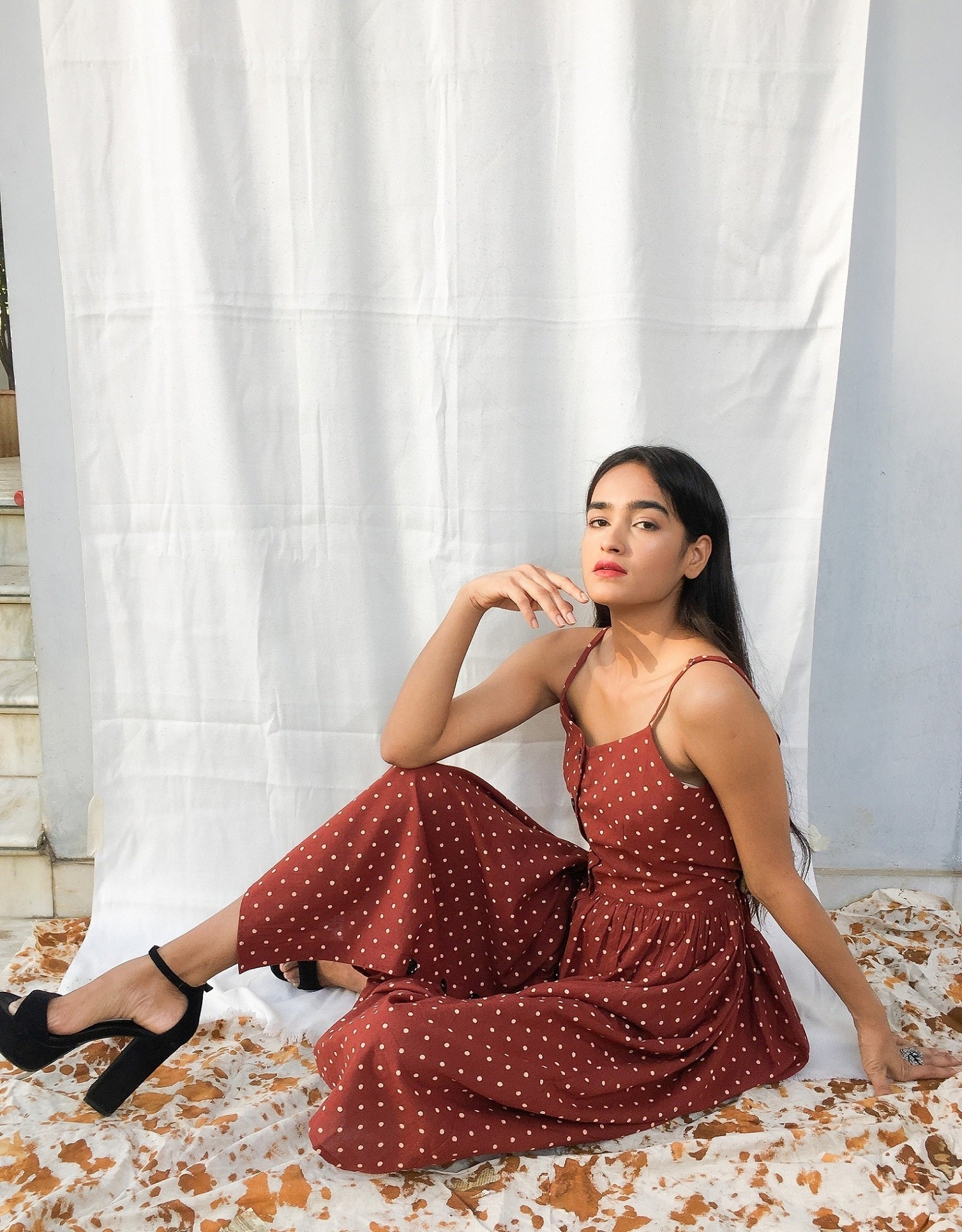 Women's Maroon Polka Button-Down Dress - Nangalia Ruchira