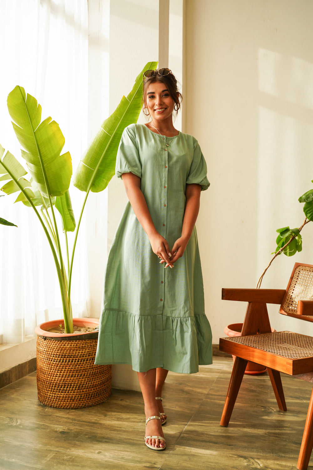 Women's Dusty Green Tiered Linen Shirt Dress - Nangalia Ruchira