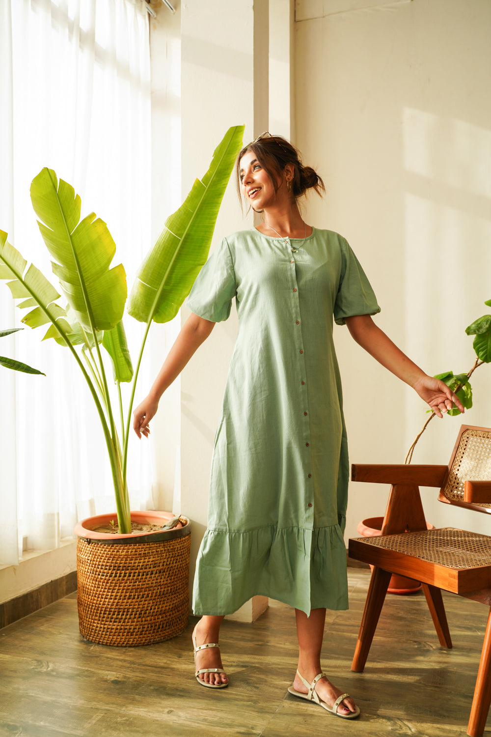 Women's Dusty Green Tiered Linen Shirt Dress - Nangalia Ruchira