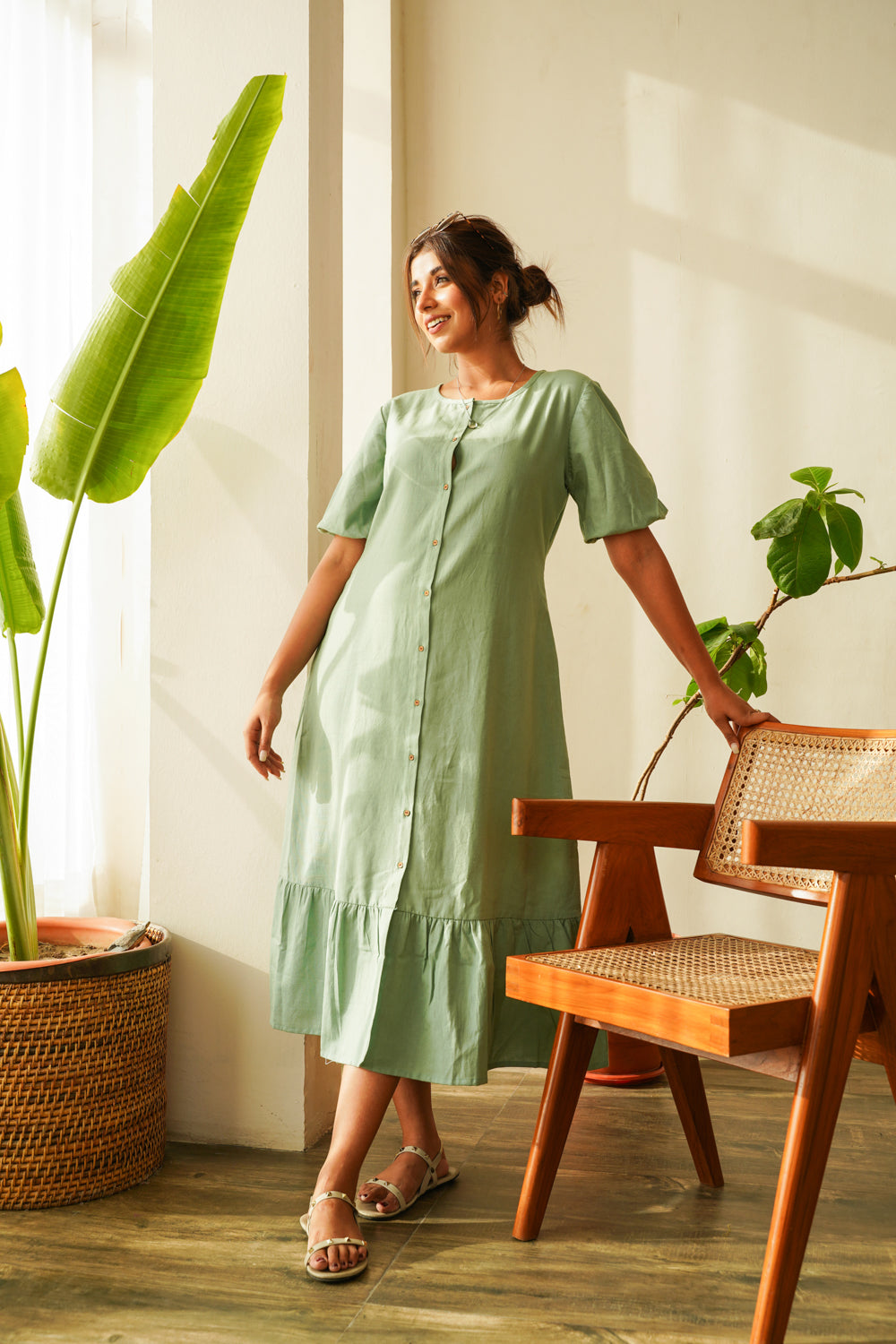 Women's Dusty Green Tiered Linen Shirt Dress - Nangalia Ruchira