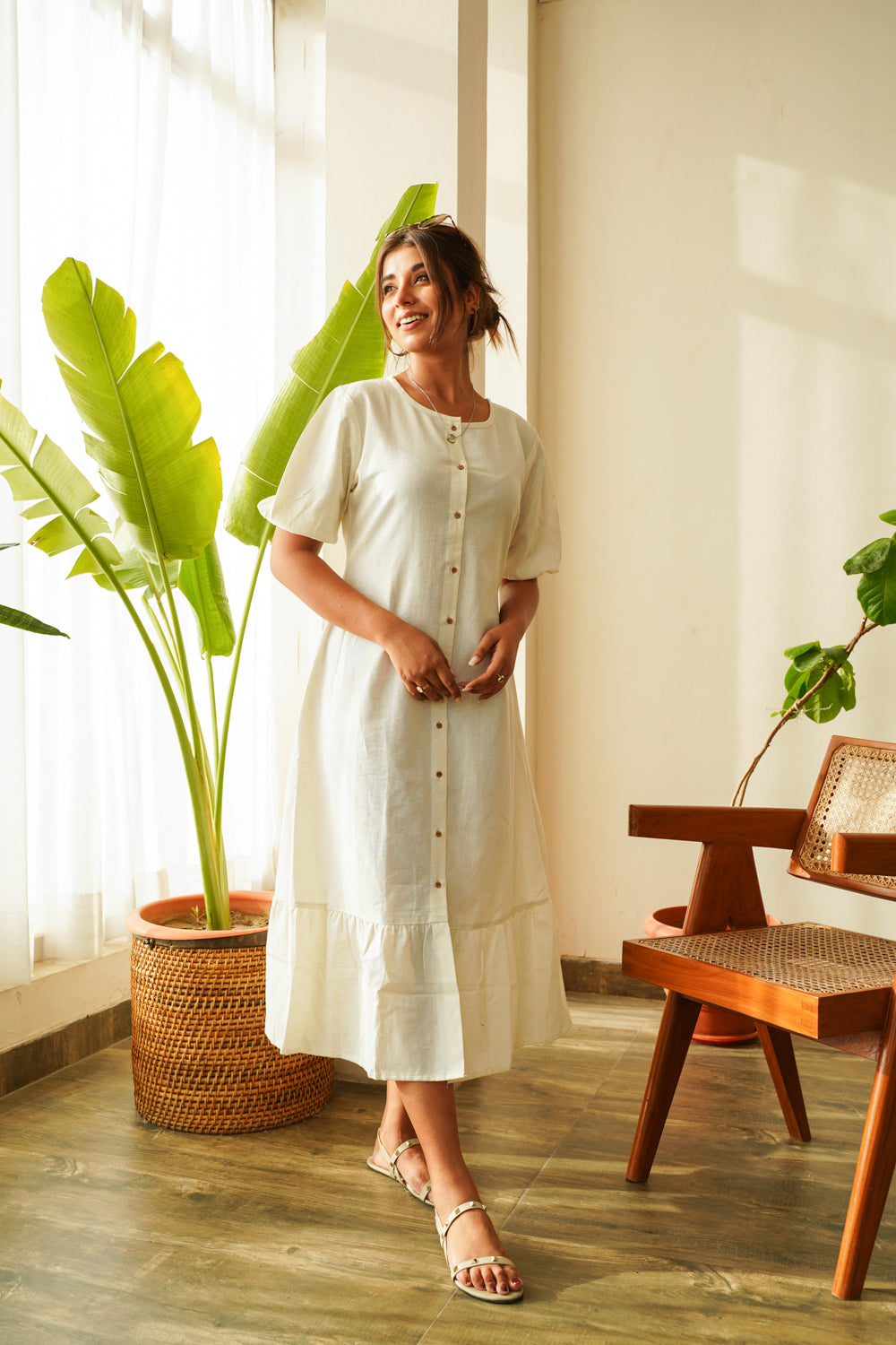 Women's Snow White Tiered Linen Shirt Dress - Nangalia Ruchira