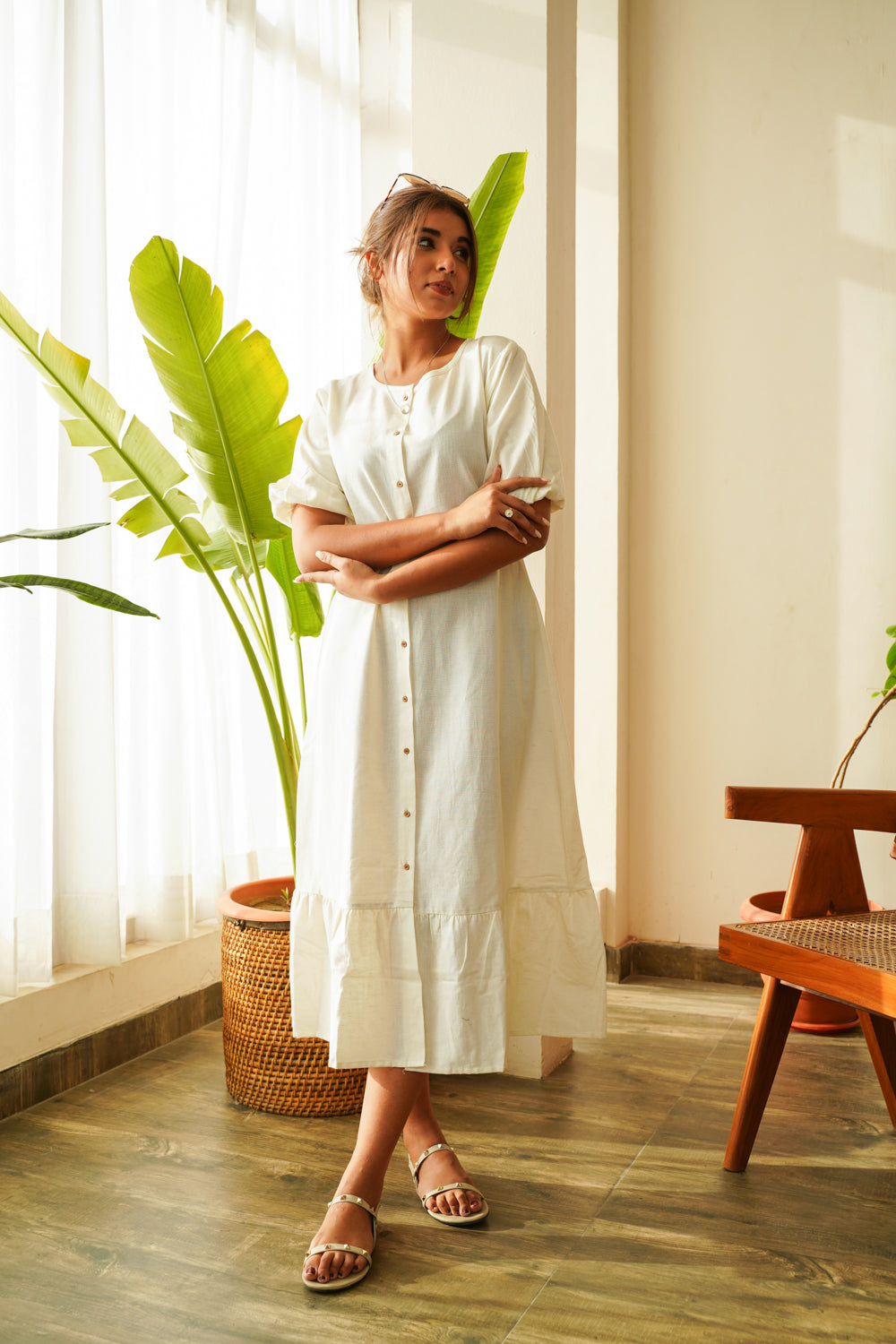 Women's Snow White Tiered Linen Shirt Dress - Nangalia Ruchira