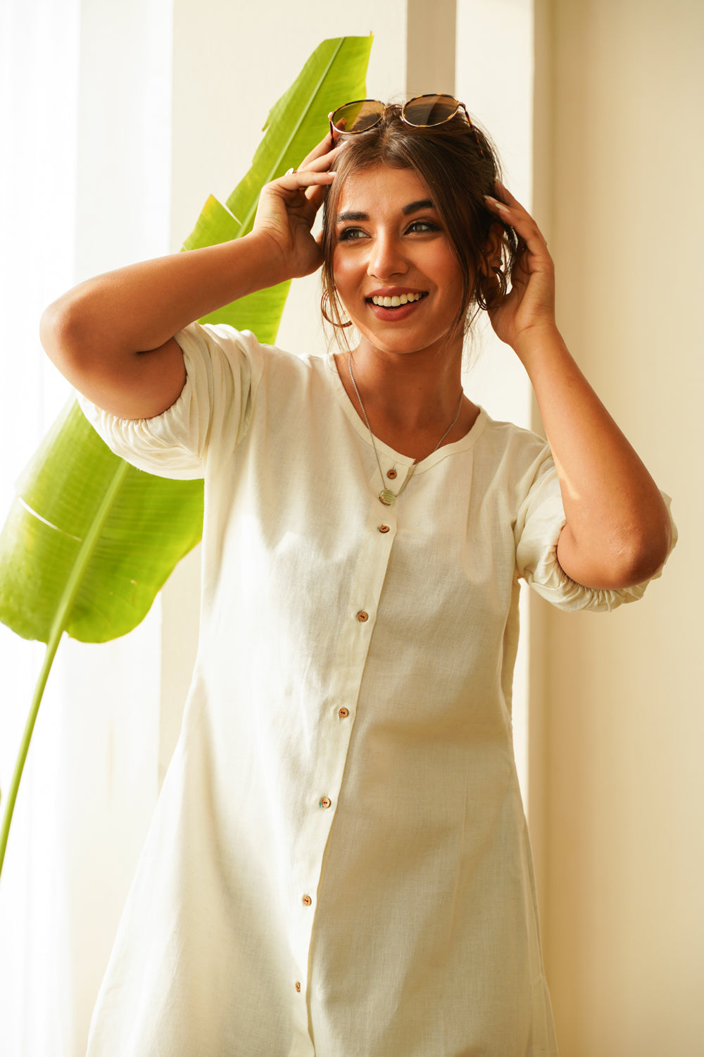 Women's Snow White Tiered Linen Shirt Dress - Nangalia Ruchira