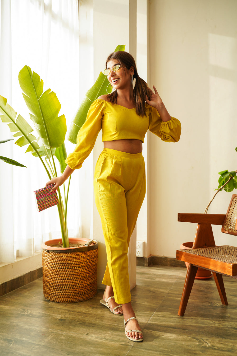Women's Yellow Crop Top & Pants Co-Ord Set - Nangalia Ruchira