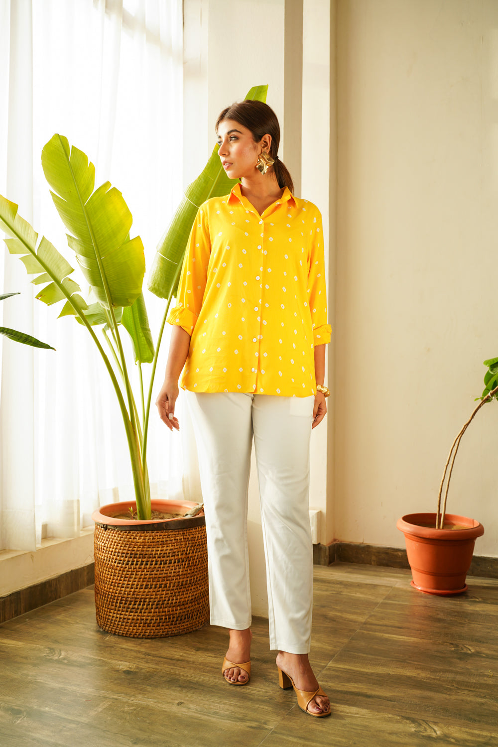 Women's Mango Yellow Bandhani Shirt - Nangalia Ruchira