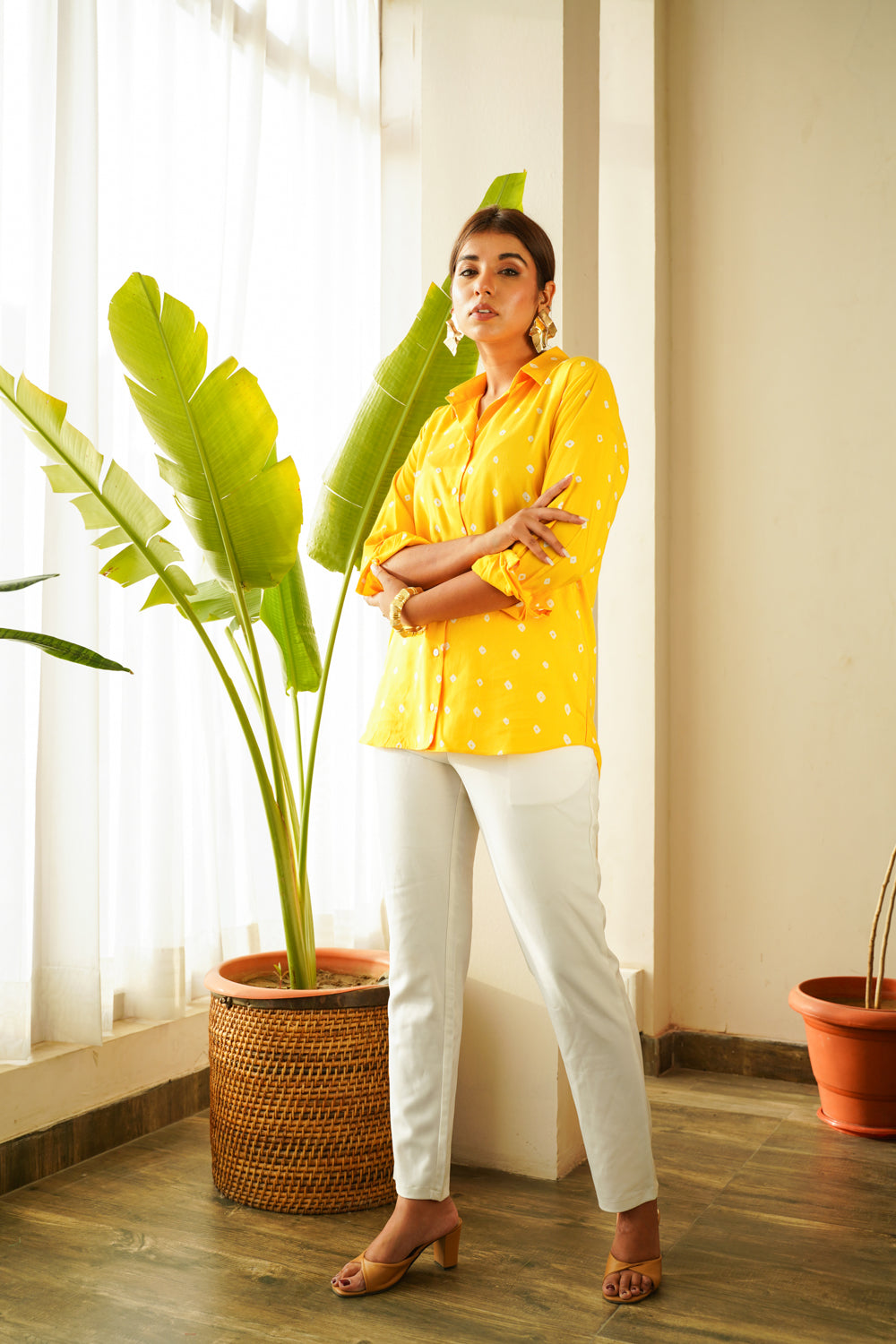 Women's Mango Yellow Bandhani Shirt - Nangalia Ruchira