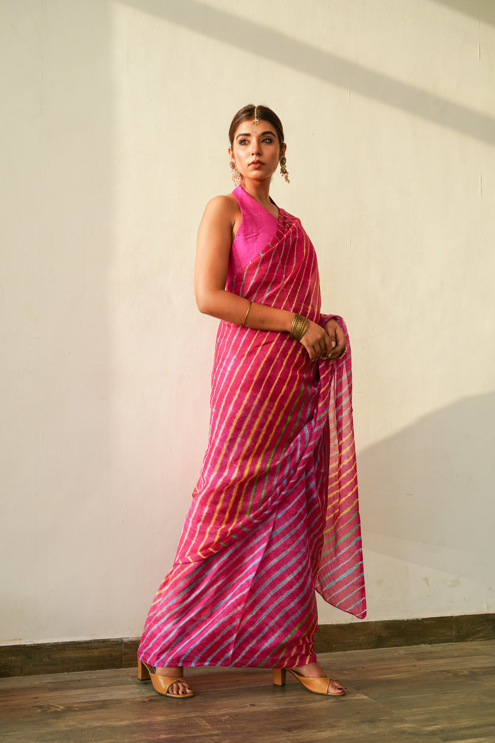 Women's Fuchsia Multi Leheriya Silk Saree - Nangalia Ruchira