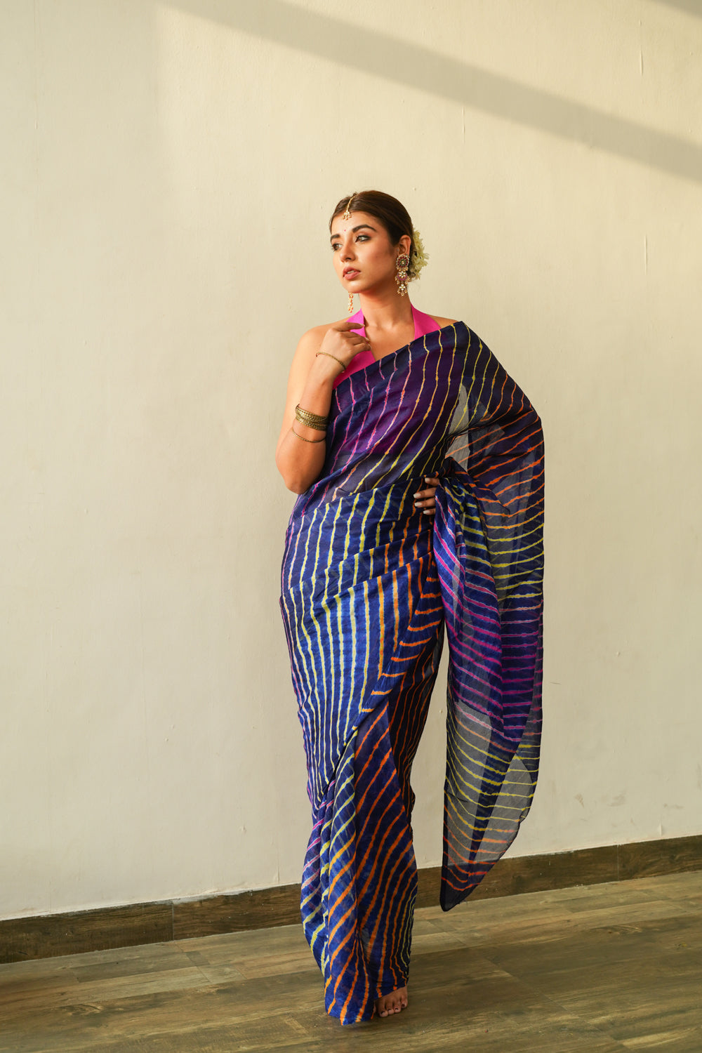 Women's Prussian Blue Multi Leheriya Saree - Nangalia Ruchira