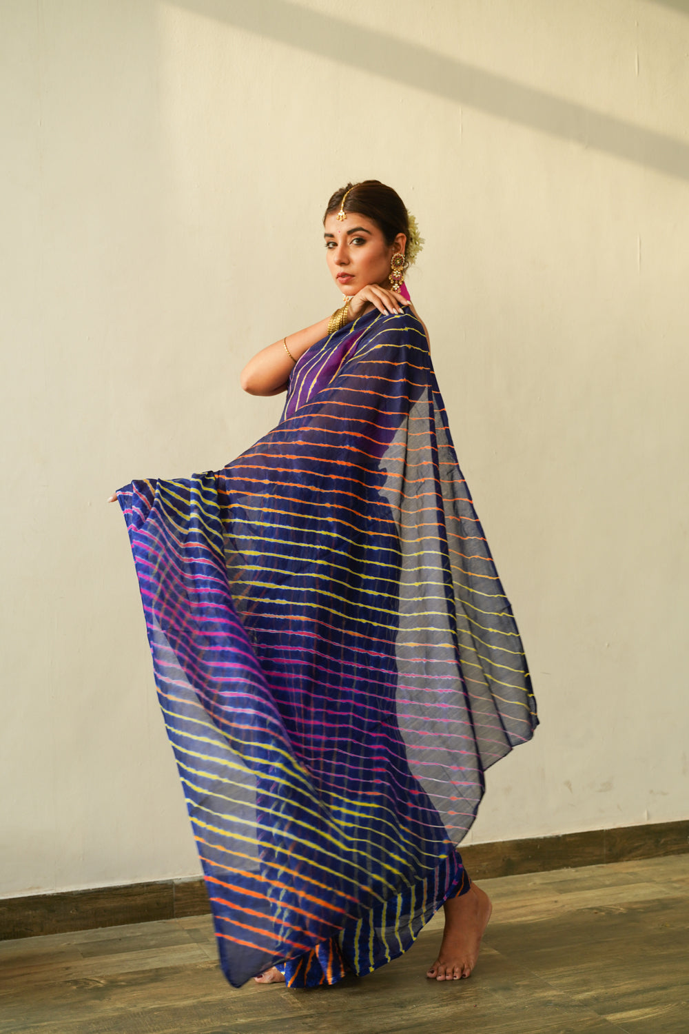 Women's Prussian Blue Multi Leheriya Saree - Nangalia Ruchira
