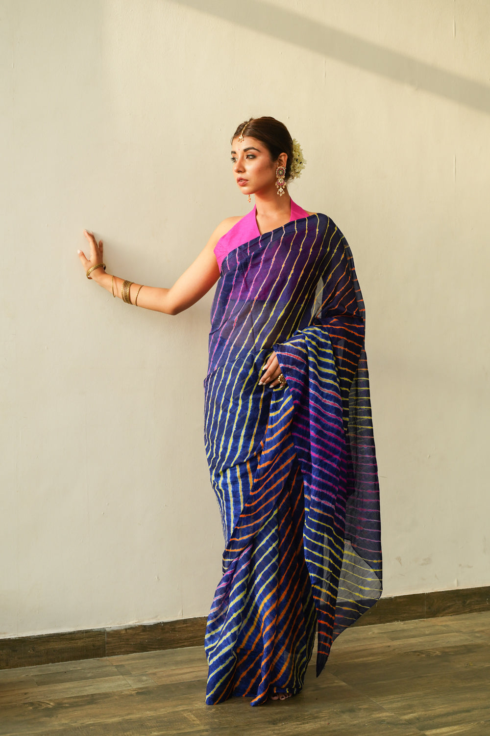 Women's Prussian Blue Multi Leheriya Saree - Nangalia Ruchira