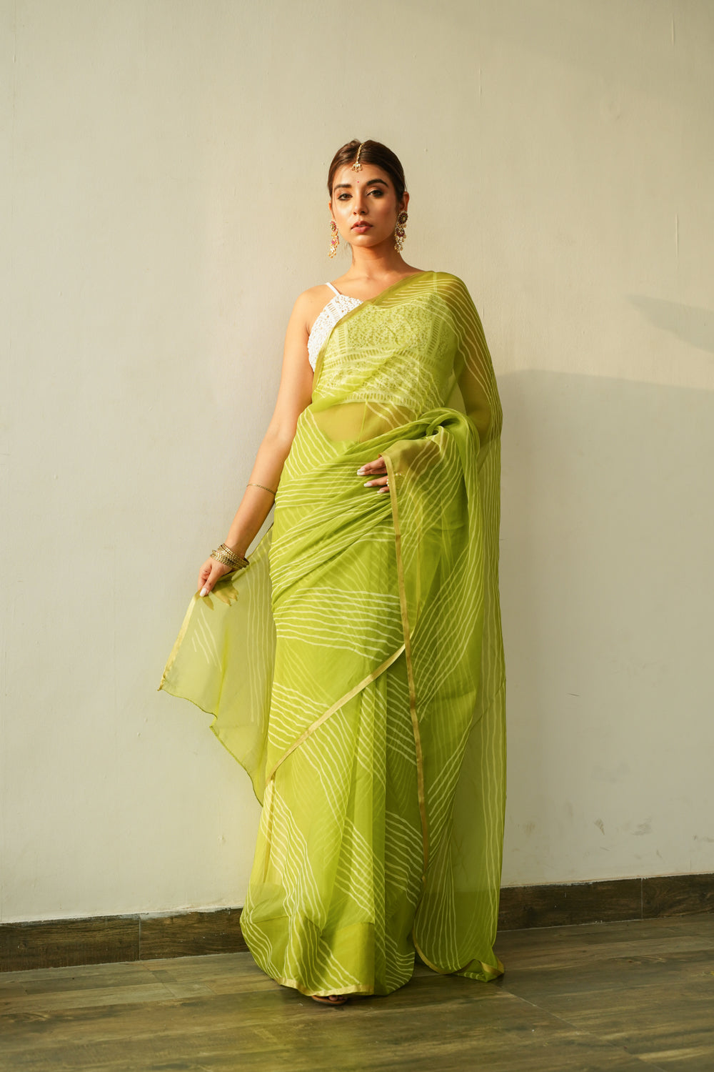 Women's Lime Green Leheriya Saree - Nangalia Ruchira