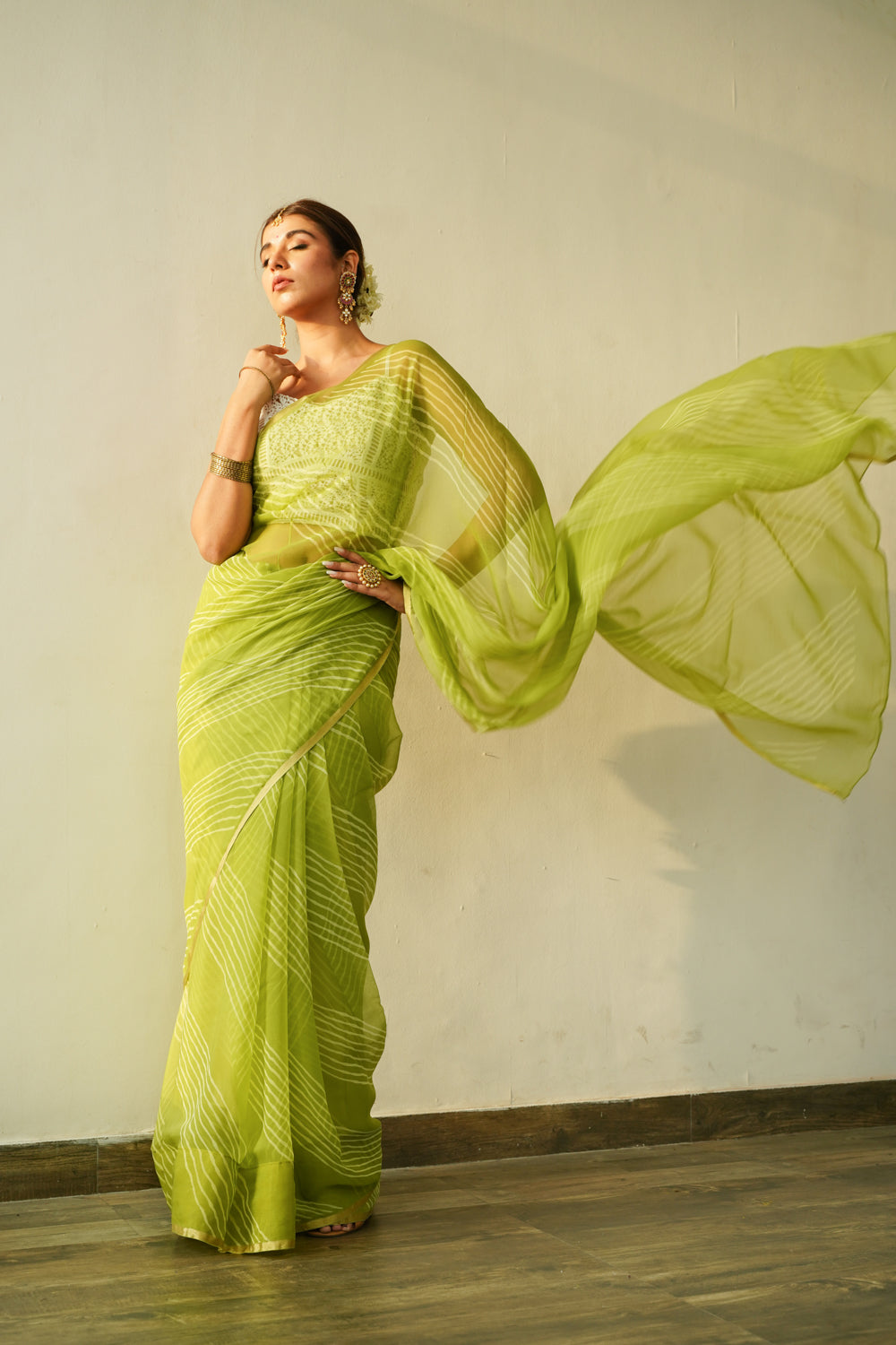 Women's Lime Green Leheriya Saree - Nangalia Ruchira