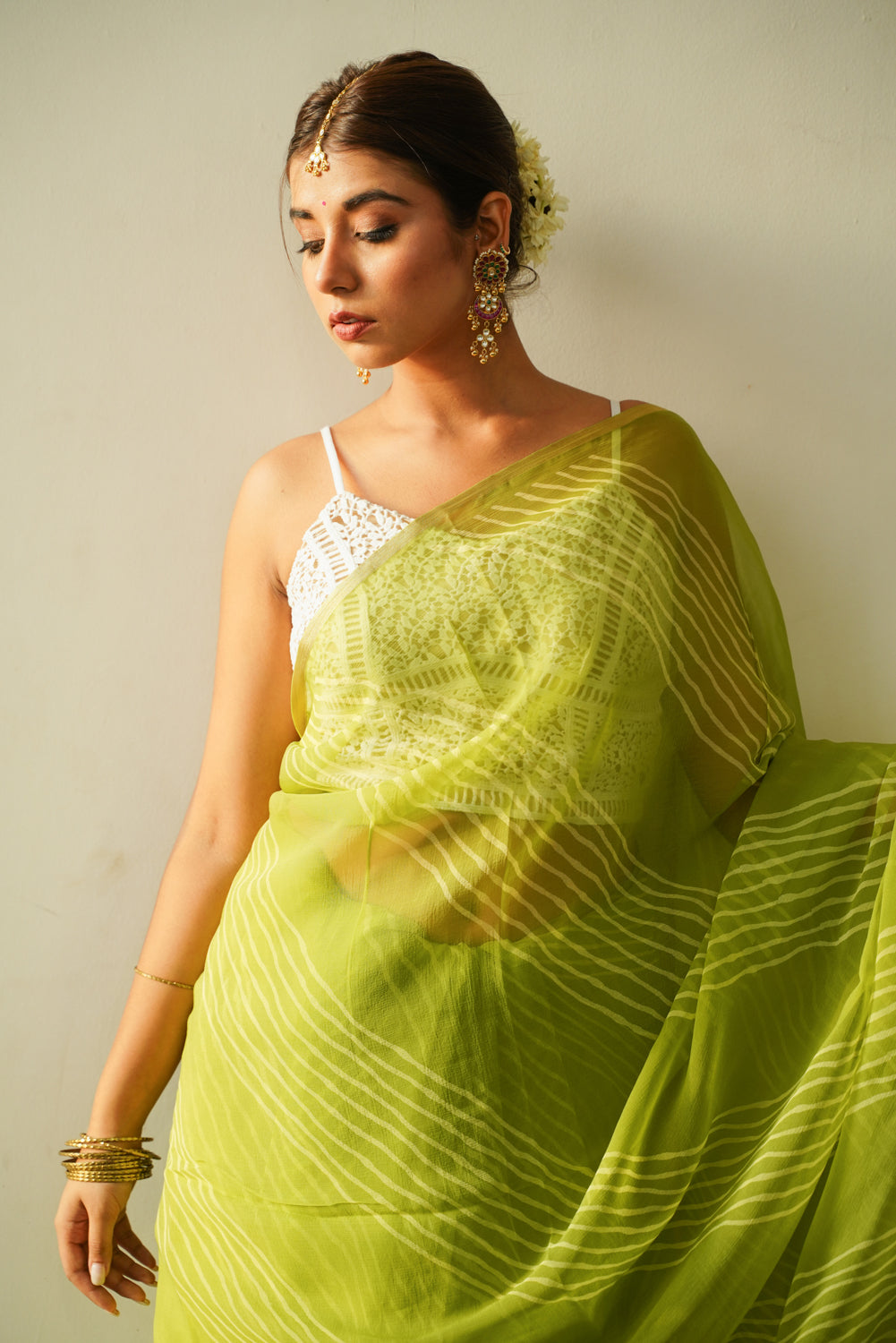 Women's Lime Green Leheriya Saree - Nangalia Ruchira