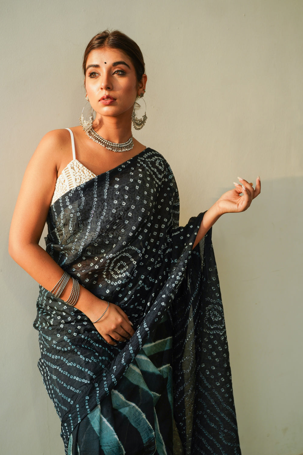 Women's Slate Grey Bandhani Saree - Nangalia Ruchira