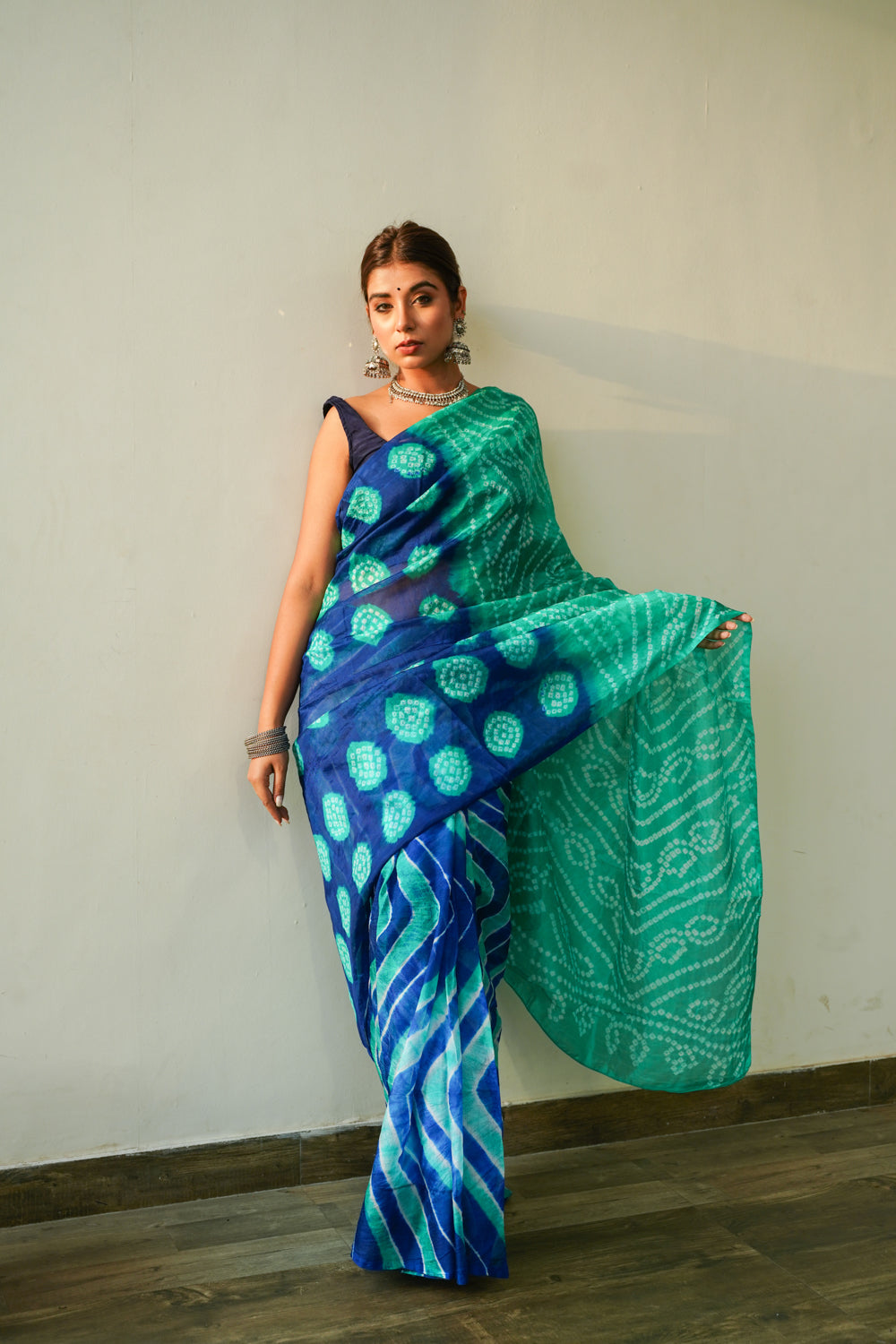 Women's Peacock Blue Green Leheriya Saree - Nangalia Ruchira