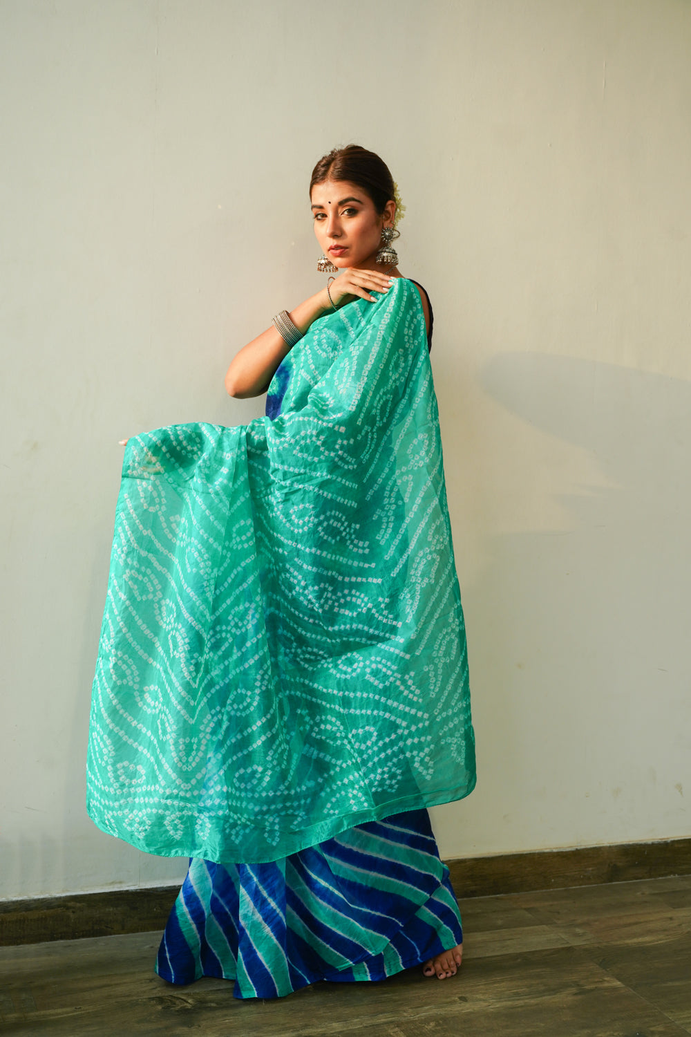 Women's Peacock Blue Green Leheriya Saree - Nangalia Ruchira